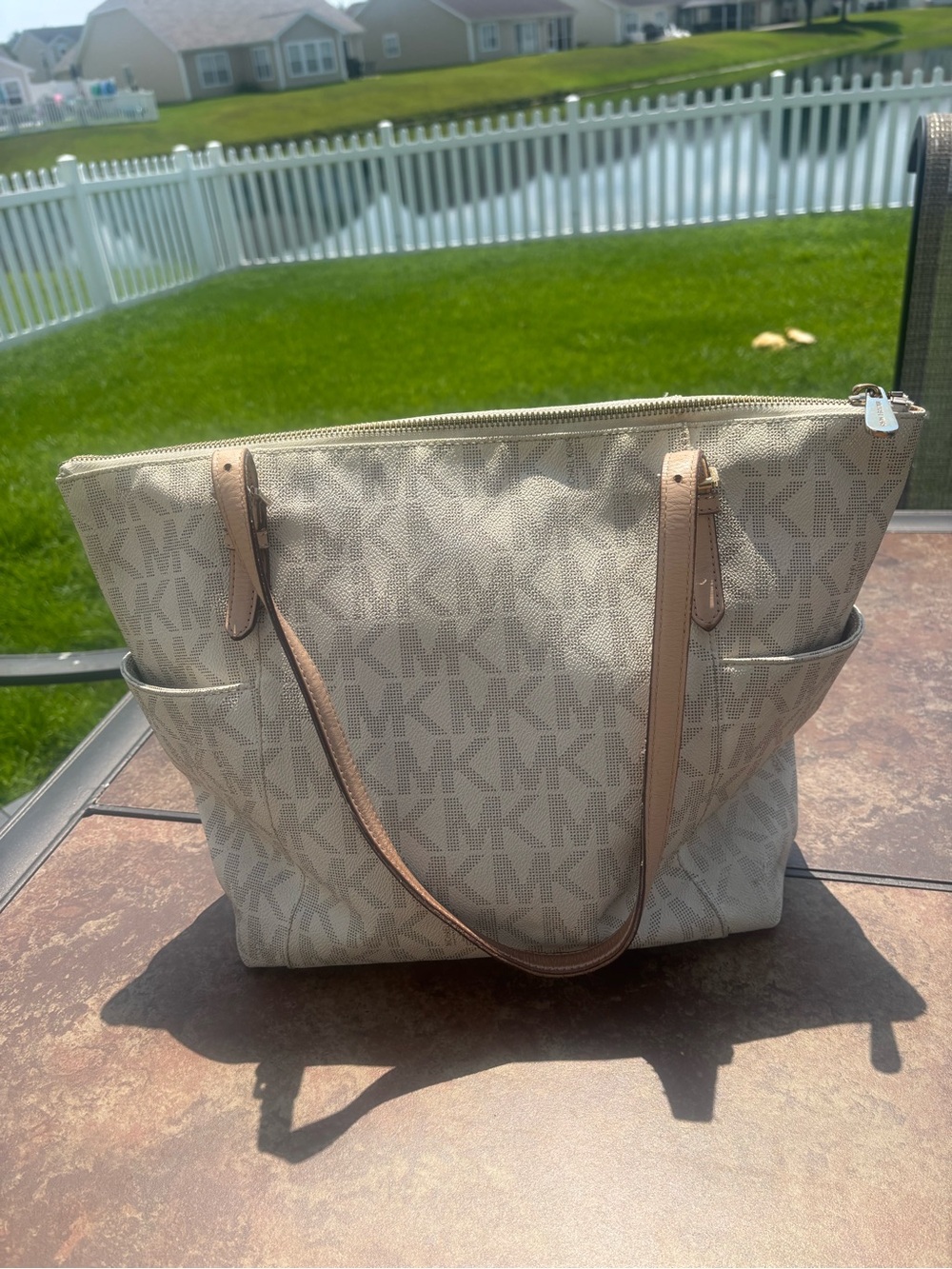 Michael Kors Cream Signature MK Logo Tote with Tan Straps